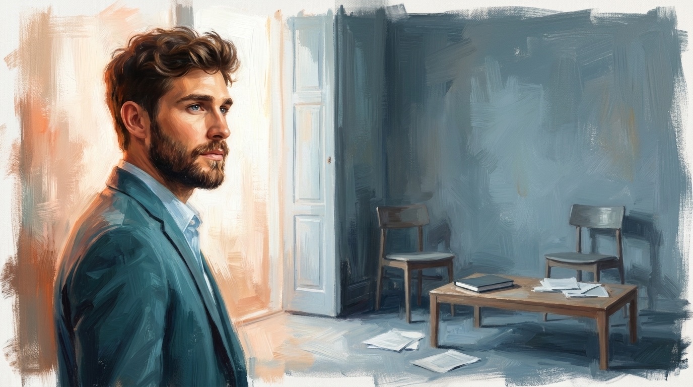 Painterly editorial illustration of a man in the left third of the frame, standing in a quiet interior with a low wooden table, two chairs, and a closed notebook; behind him, an open doorway lets warm peach light spill into the room.