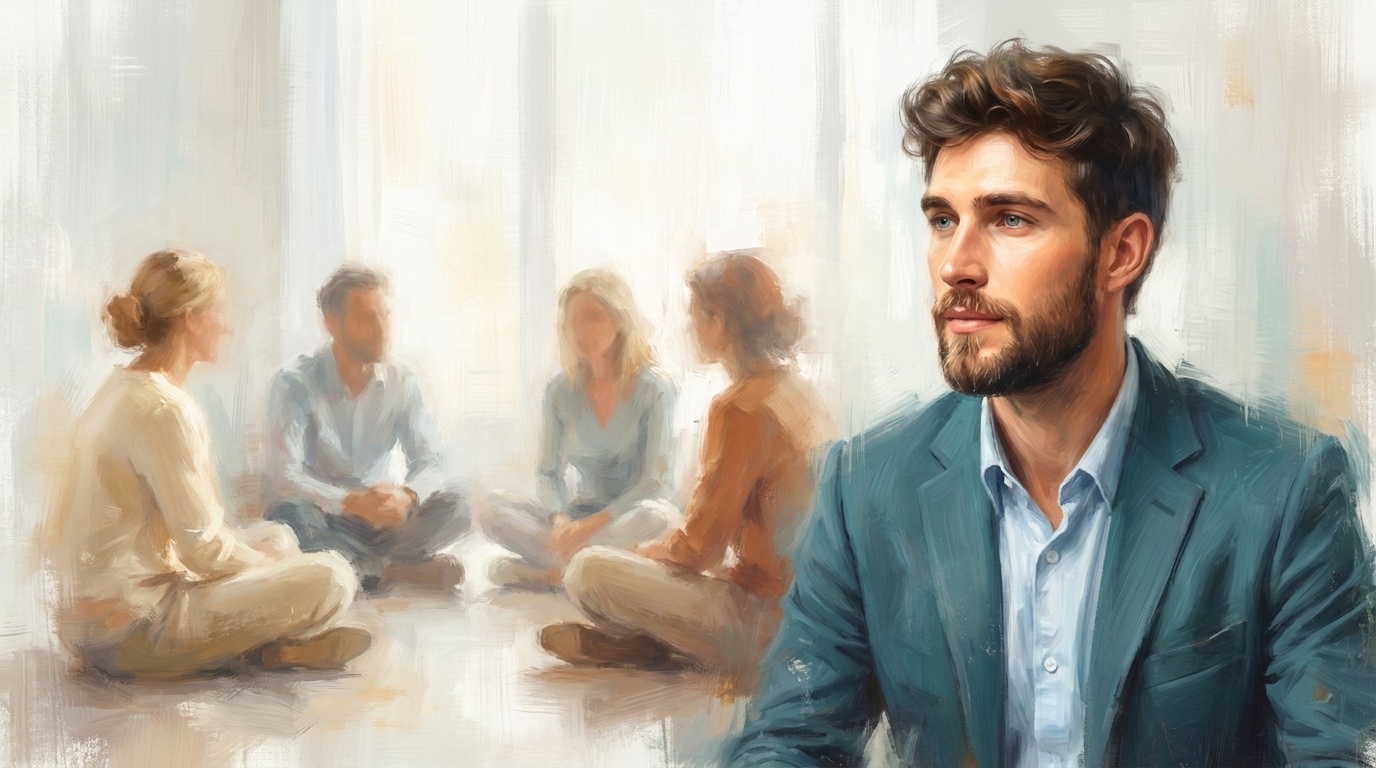 Painterly editorial illustration of a small group seated cross-legged in a loose circle, with the author in the foreground gazing into the distance.
