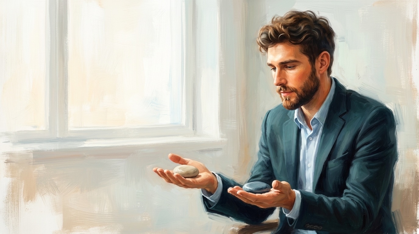 Painterly editorial illustration of a bearded man in a teal jacket seated by a window, holding a pale stone in one open palm and a darker stone in the other, looking down as he weighs them.